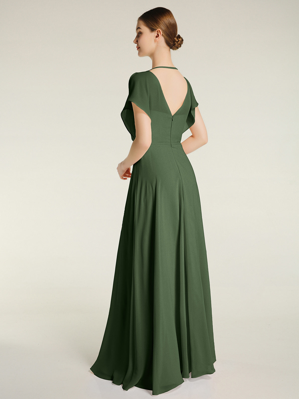 Vestidos maxi de chiffon con escote en V y abertura Verde Oliva Tallas Grandes