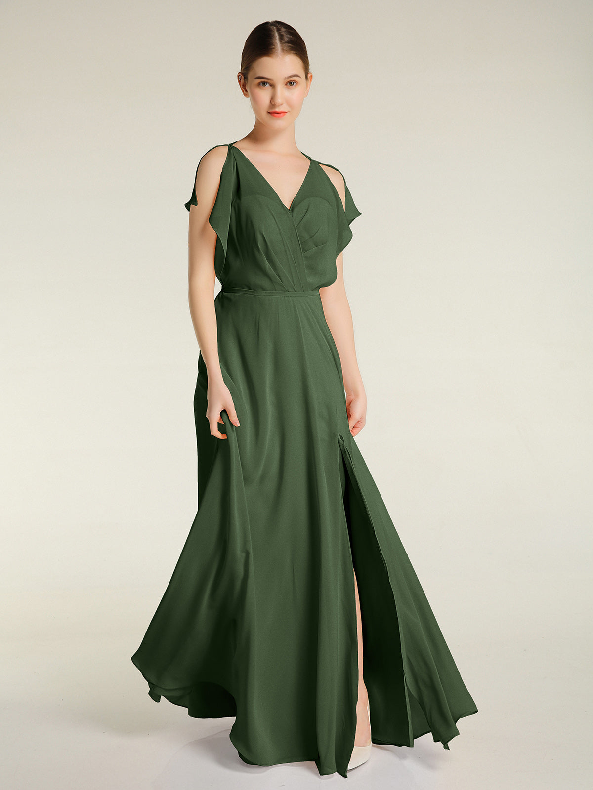 Vestidos maxi de chiffon con escote en V y abertura Verde Oliva Tallas Grandes