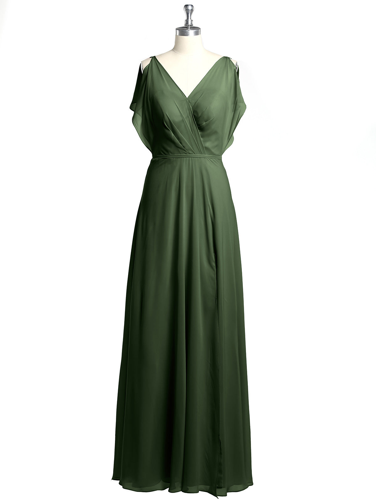 Vestidos maxi de chiffon con escote en V y abertura Verde Oliva Tallas Grandes