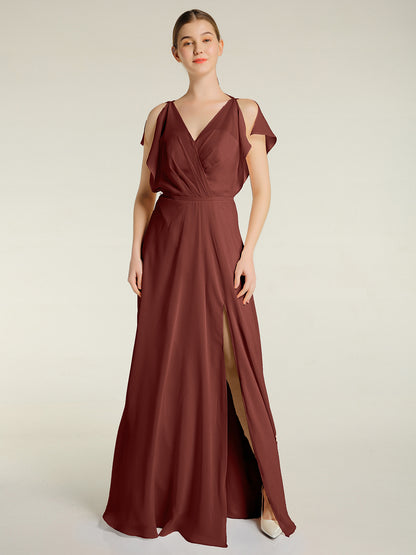 Vestidos maxi de chiffon con escote en V y abertura Terracota Tallas Grandes