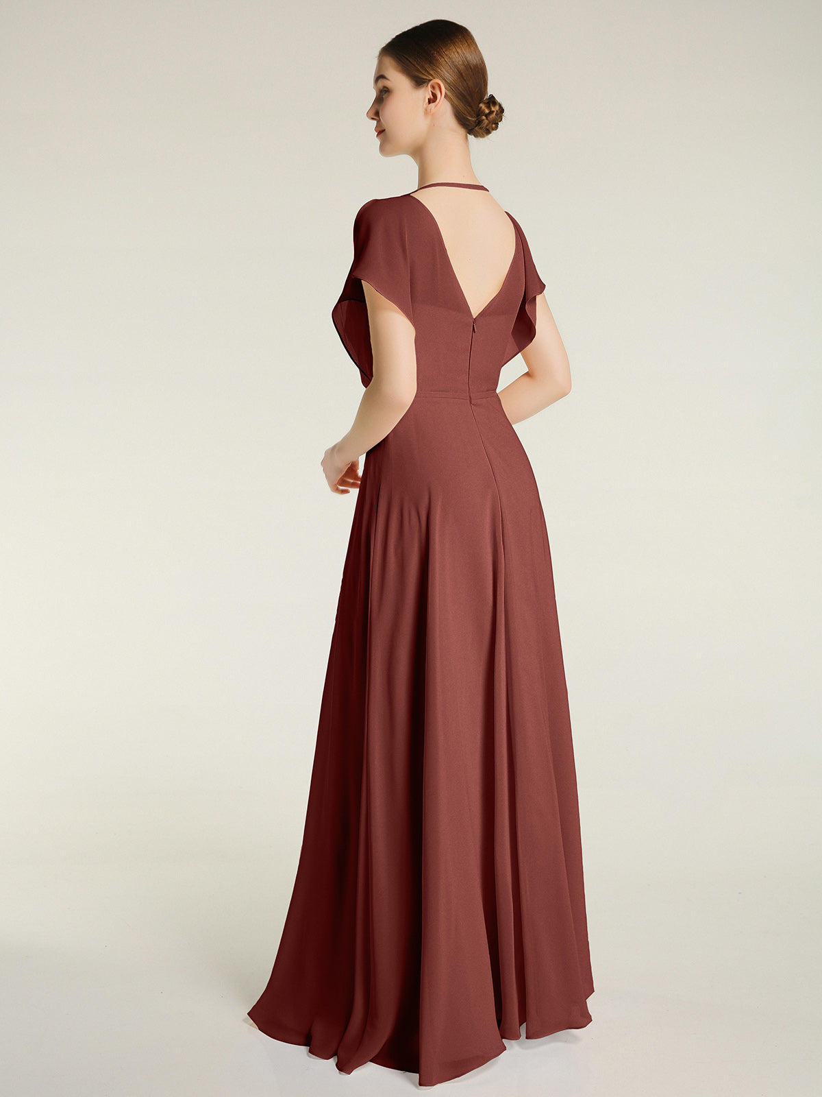Vestidos maxi de chiffon con escote en V y abertura Terracota