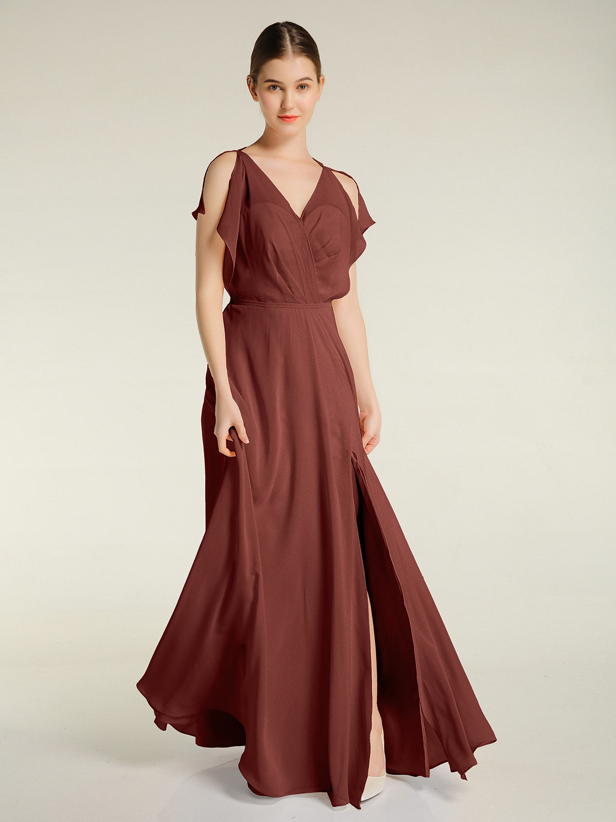 Vestidos maxi de chiffon con escote en V y abertura Terracota Tallas Grandes