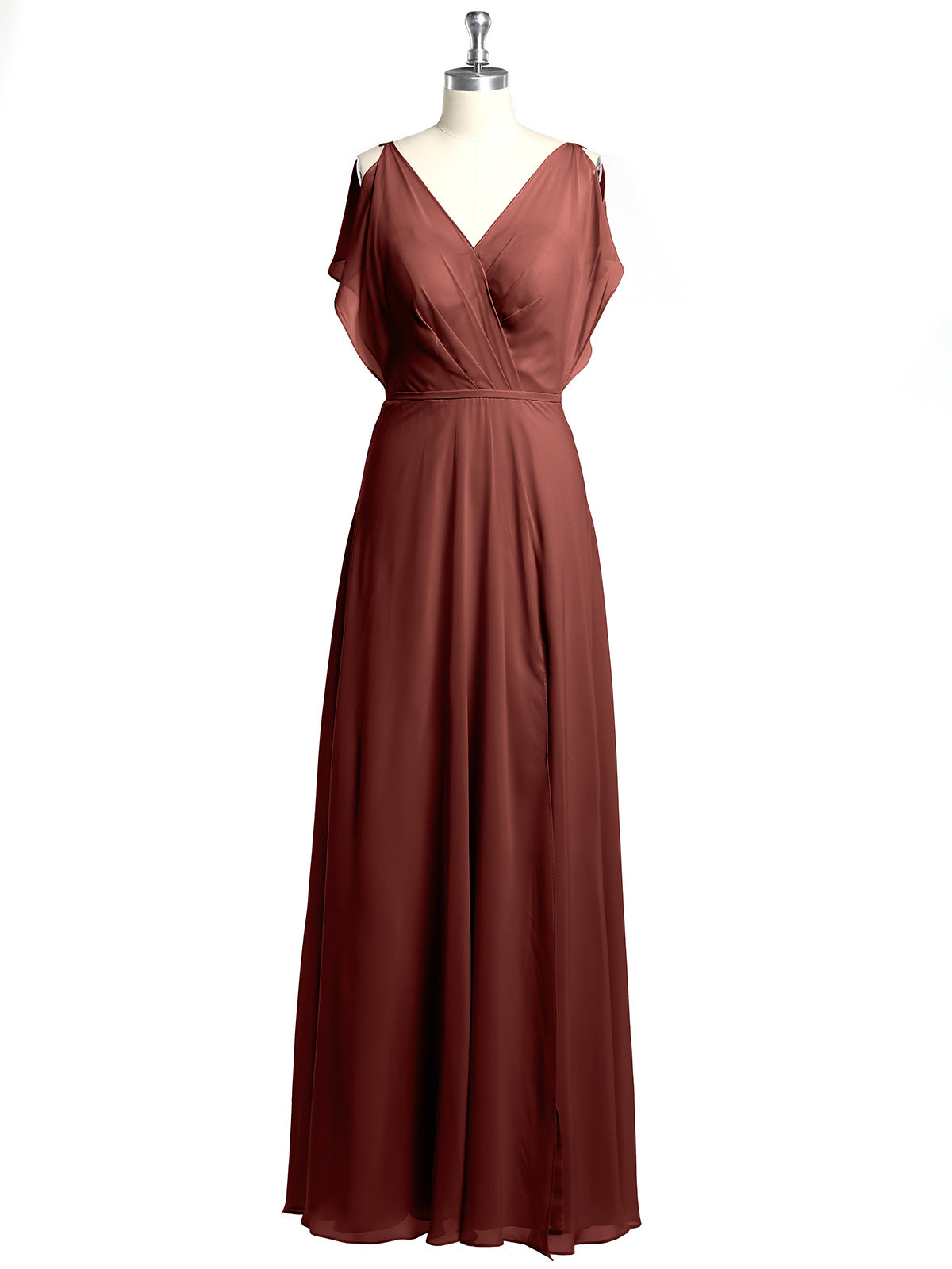 Vestidos maxi de chiffon con escote en V y abertura Terracota Tallas Grandes