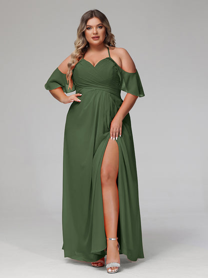 Vestido de tirantes finos estilo imperio con mangas adornadas con volantes Verde Oliva Tallas Grandes
