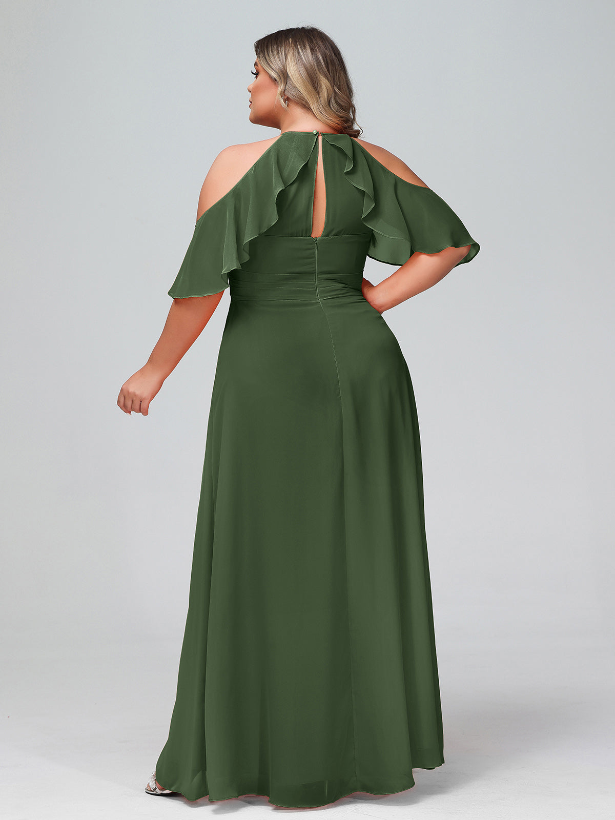 Vestido de tirantes finos estilo imperio con mangas adornadas con volantes Verde Oliva Tallas Grandes