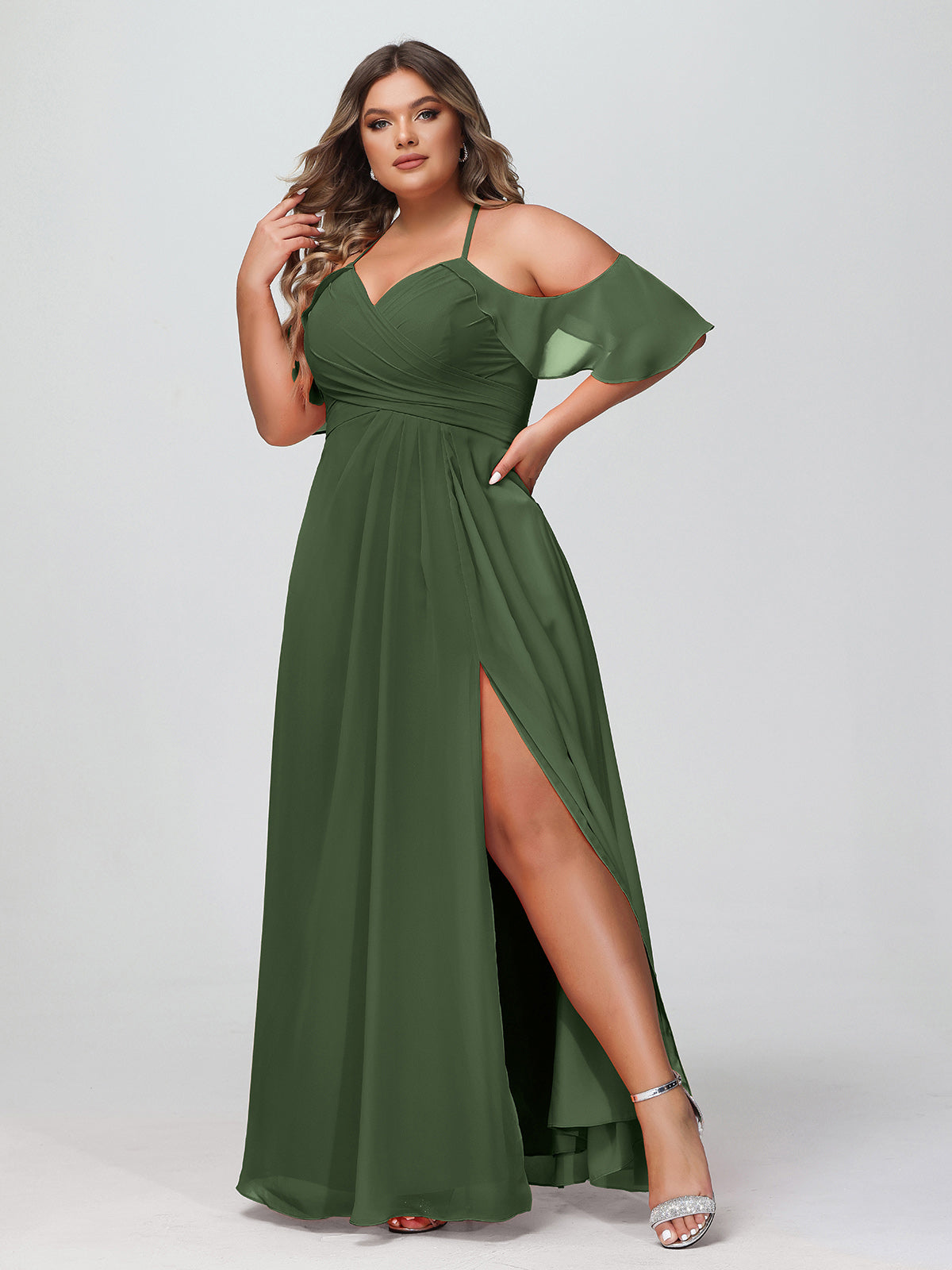 Vestido de tirantes finos estilo imperio con mangas adornadas con volantes Verde Oliva Tallas Grandes