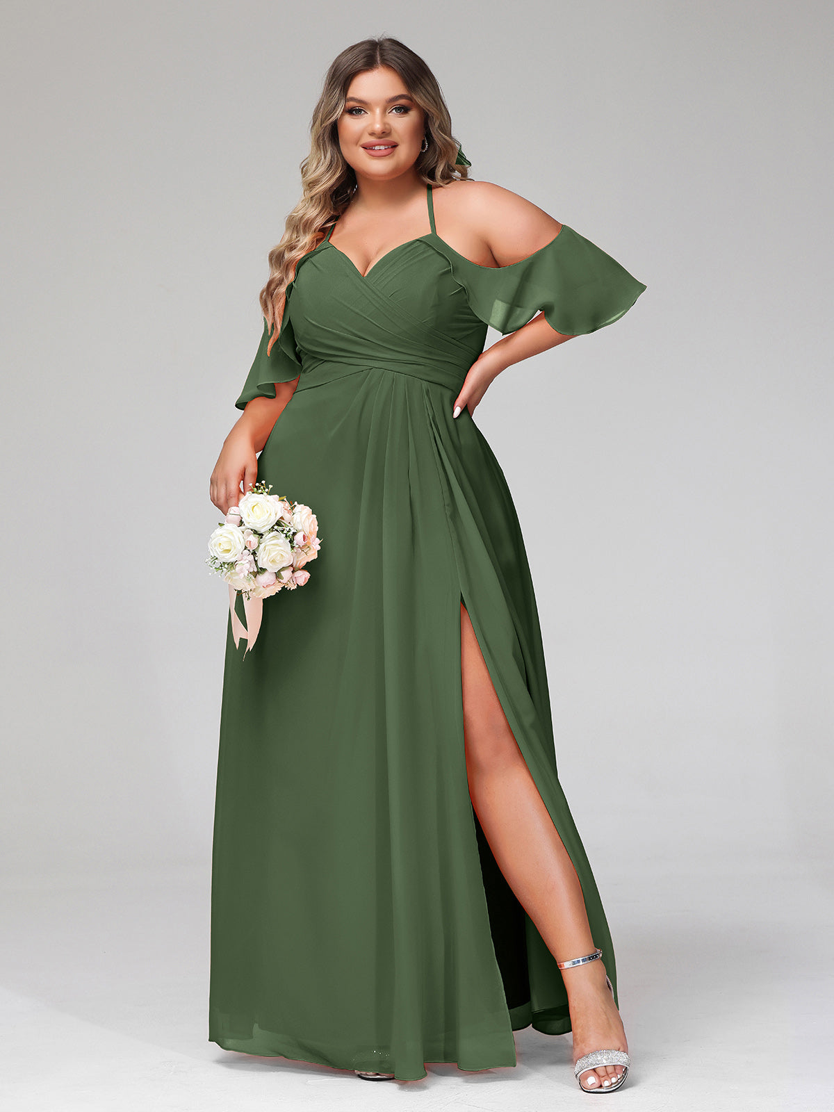 Vestido de tirantes finos estilo imperio con mangas adornadas con volantes Verde Oliva Tallas Grandes