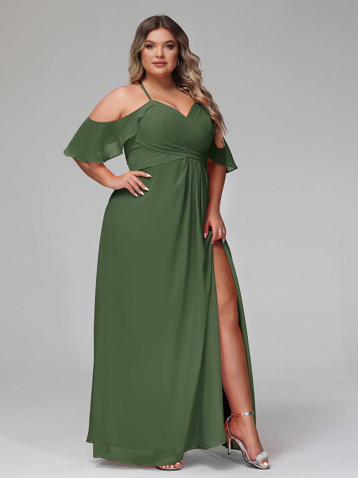 Vestido de tirantes finos estilo imperio con mangas adornadas con volantes Verde Oliva Tallas Grandes