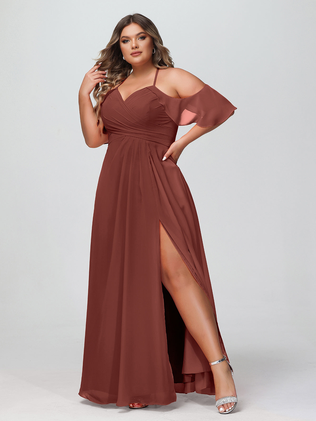 Vestido de tirantes finos estilo imperio con mangas adornadas con volantes Terracota Tallas Grandes