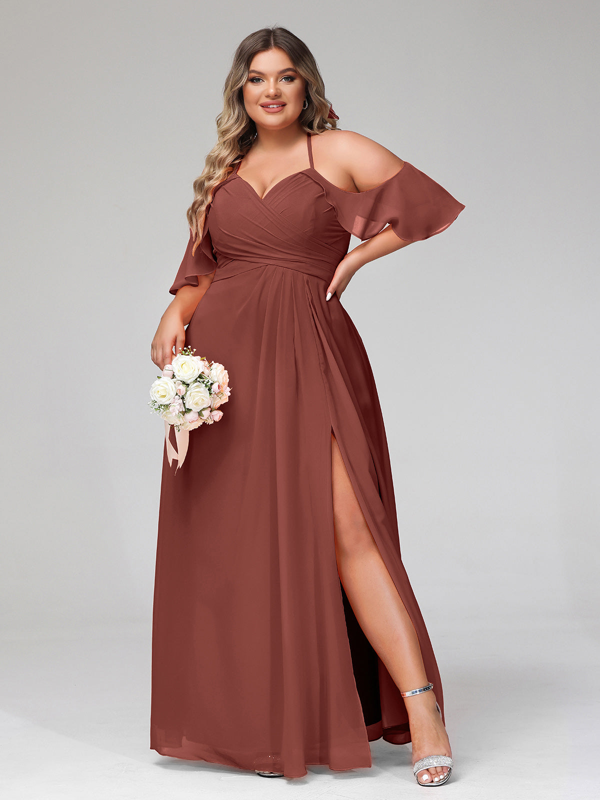 Vestido de tirantes finos estilo imperio con mangas adornadas con volantes Terracota Tallas Grandes