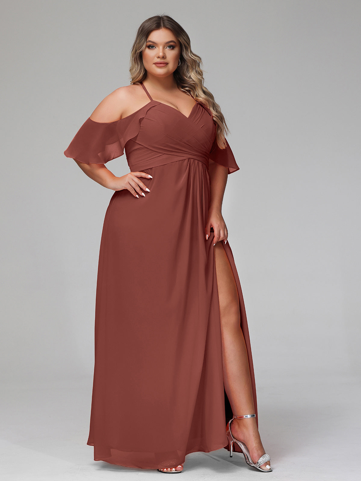 Vestido de tirantes finos estilo imperio con mangas adornadas con volantes Terracota Tallas Grandes