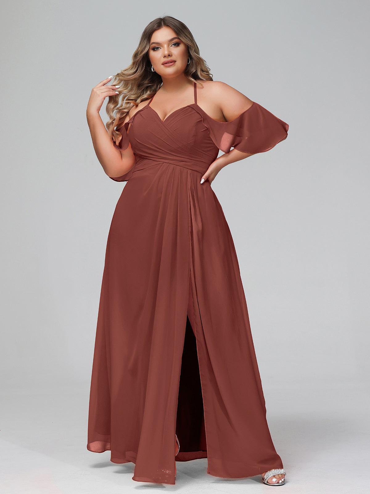 Vestido de tirantes finos estilo imperio con mangas adornadas con volantes Terracota Tallas Grandes