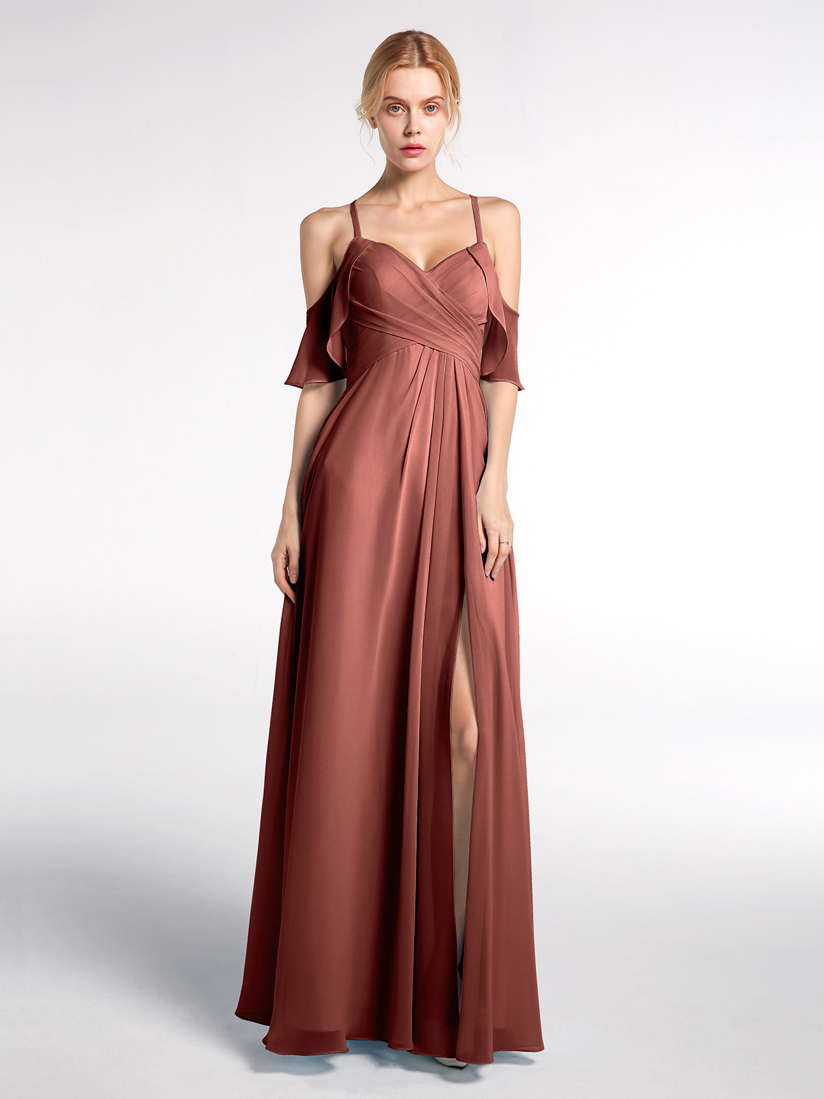 Vestido de tirantes finos estilo imperio con mangas adornadas con volantes Terracota