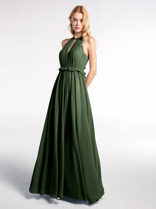 Vestido largo de chiffon con escote en forma de cerradura y espalda descubierta Verde Oliva