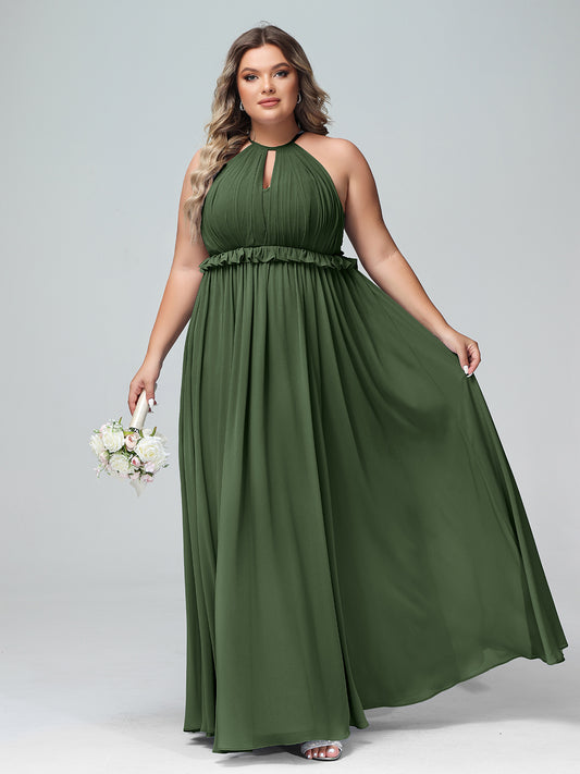Vestido largo de chiffon con escote en forma de cerradura y espalda descubierta Verde Oliva Tallas Grandes