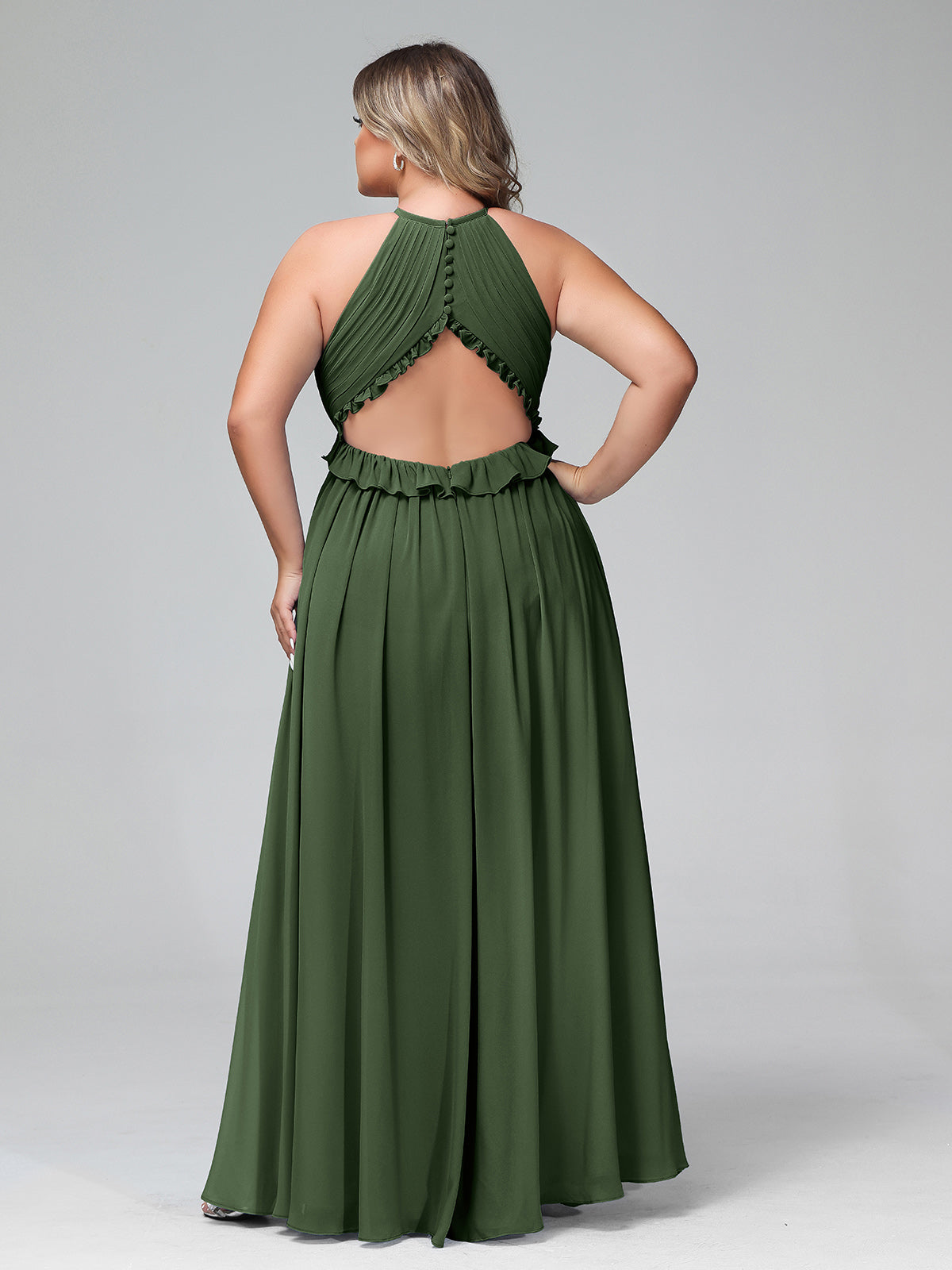 Vestido largo de chiffon con escote en forma de cerradura y espalda descubierta Verde Oliva Tallas Grandes