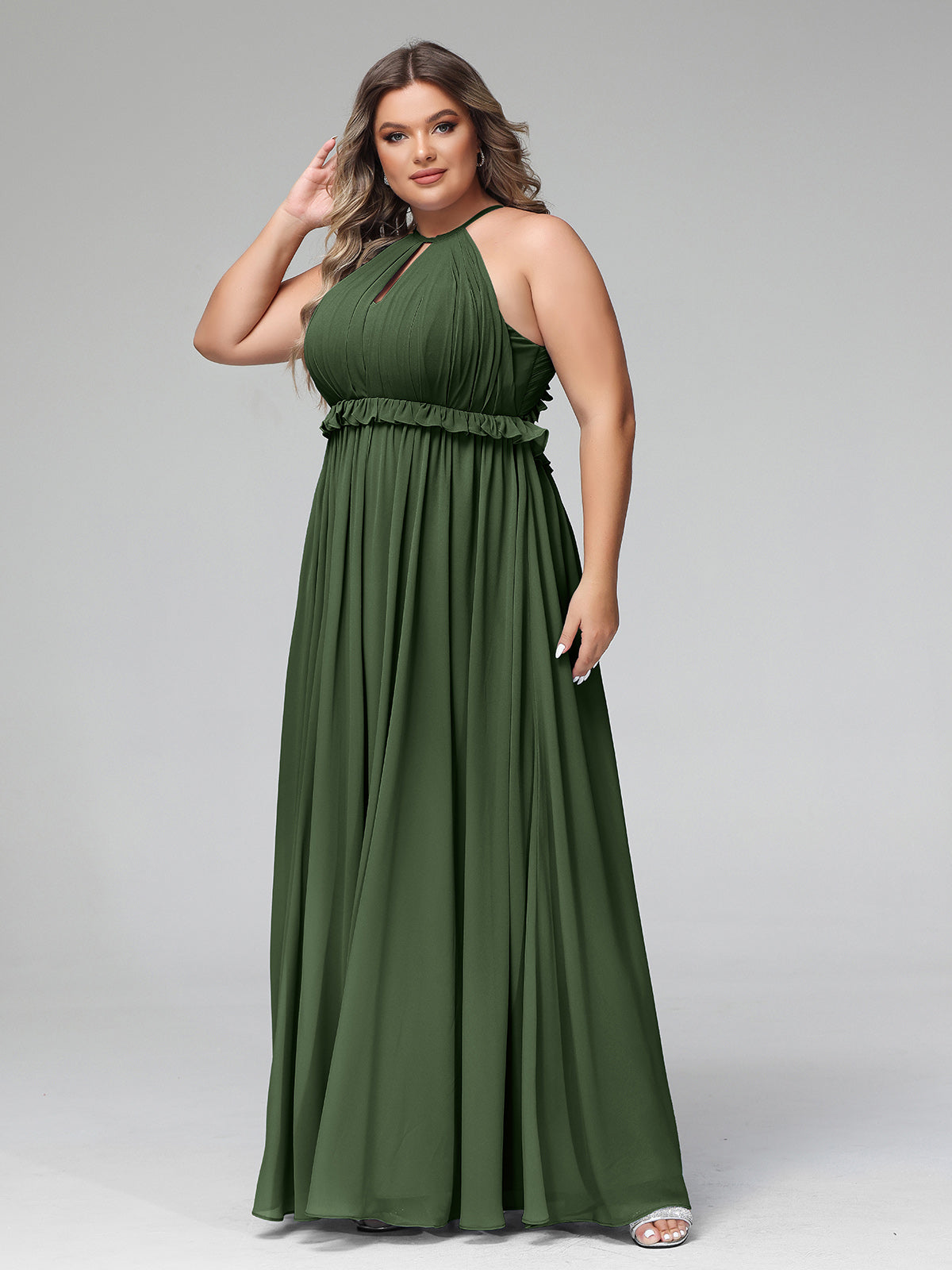 Vestido largo de chiffon con escote en forma de cerradura y espalda descubierta Verde Oliva Tallas Grandes