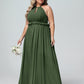 Vestido largo de chiffon con escote en forma de cerradura y espalda descubierta Verde Oliva Tallas Grandes