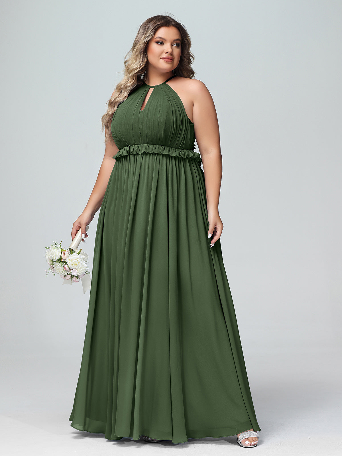 Vestido largo de chiffon con escote en forma de cerradura y espalda descubierta Verde Oliva Tallas Grandes
