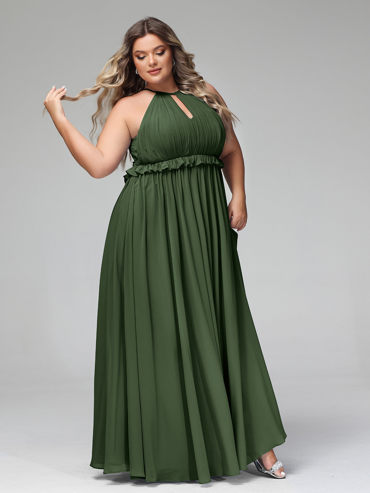 Vestido largo de chiffon con escote en forma de cerradura y espalda descubierta Verde Oliva Tallas Grandes