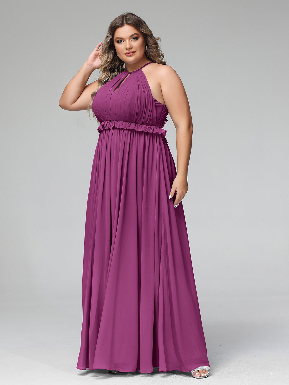 Vestido largo de chiffon con escote en forma de cerradura y espalda descubierta Orquídea Tallas Grandes