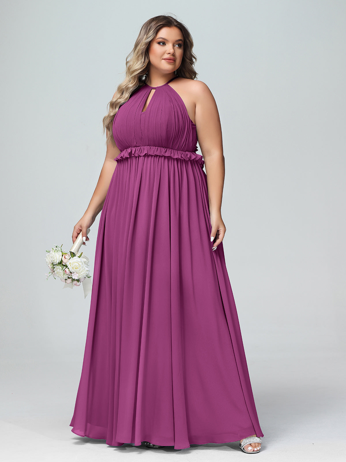 Vestido largo de chiffon con escote en forma de cerradura y espalda descubierta Orquídea Tallas Grandes