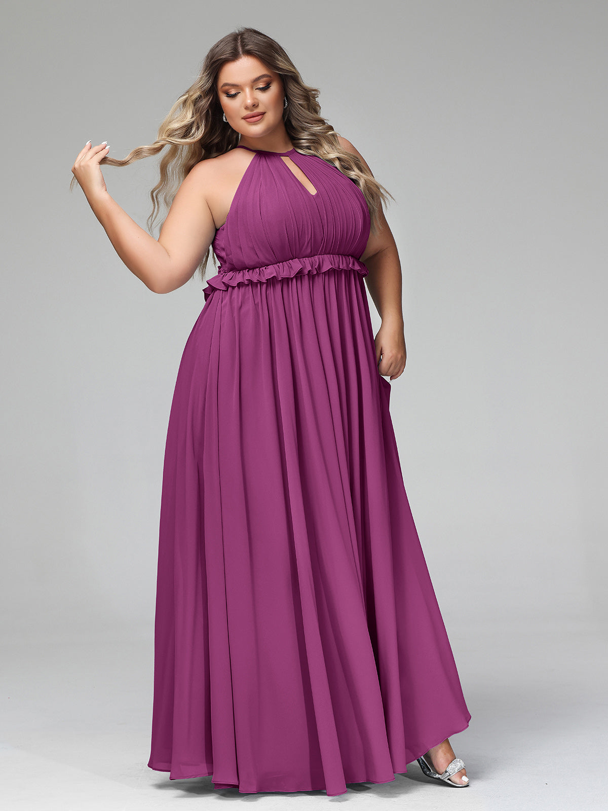Vestido largo de chiffon con escote en forma de cerradura y espalda descubierta Orquídea Tallas Grandes