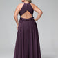 Vestido largo de chiffon con escote en forma de cerradura y espalda descubierta Ciruela Tallas Grandes