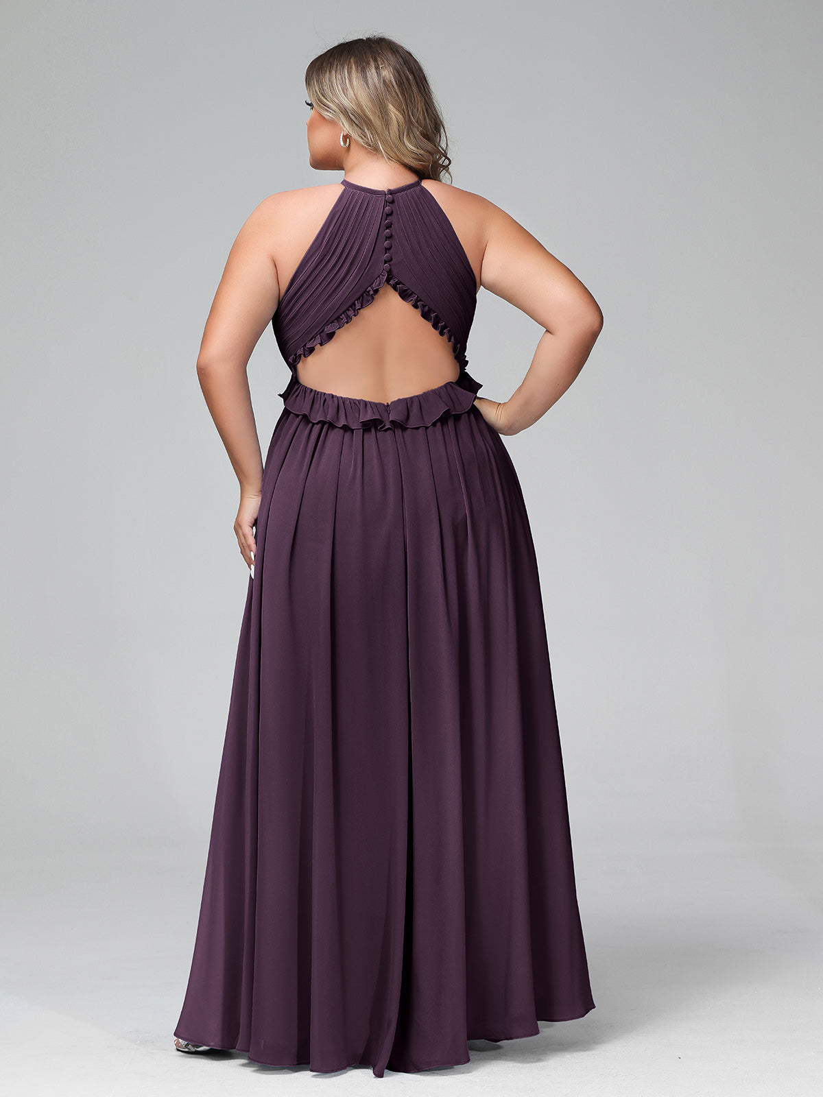 Vestido largo de chiffon con escote en forma de cerradura y espalda descubierta Ciruela Tallas Grandes