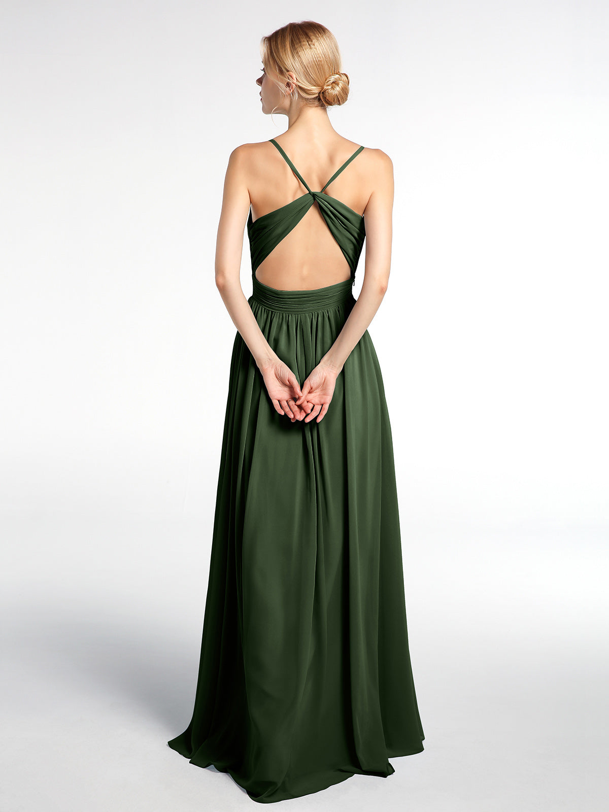 Vestido de chiffon con espalda abierta en forma de cruz y tirantes finos Verde Oliva Tallas Grandes