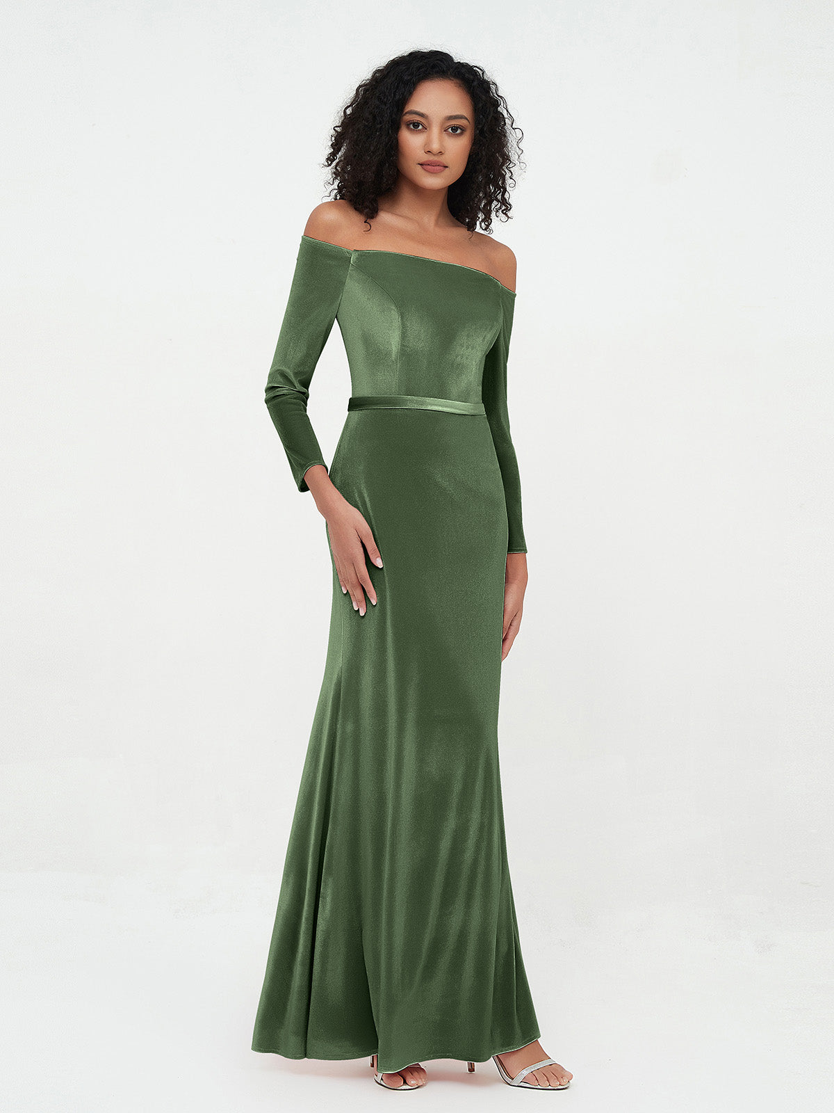 Vestidos largos de terciopelo con hombros descubiertos y mangas largas Verde Oliva Tallas Grandes