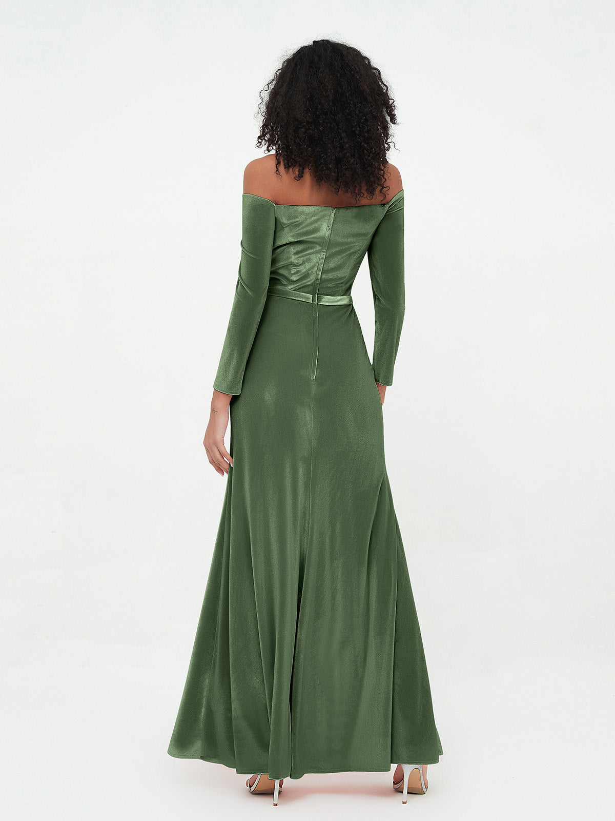 Vestidos largos de terciopelo con hombros descubiertos y mangas largas Verde Oliva Tallas Grandes