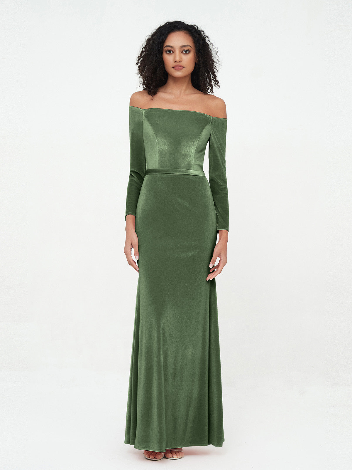 Vestidos largos de terciopelo con hombros descubiertos y mangas largas Verde Oliva Tallas Grandes