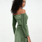 Vestidos largos de terciopelo con hombros descubiertos y mangas largas Verde Oliva Tallas Grandes