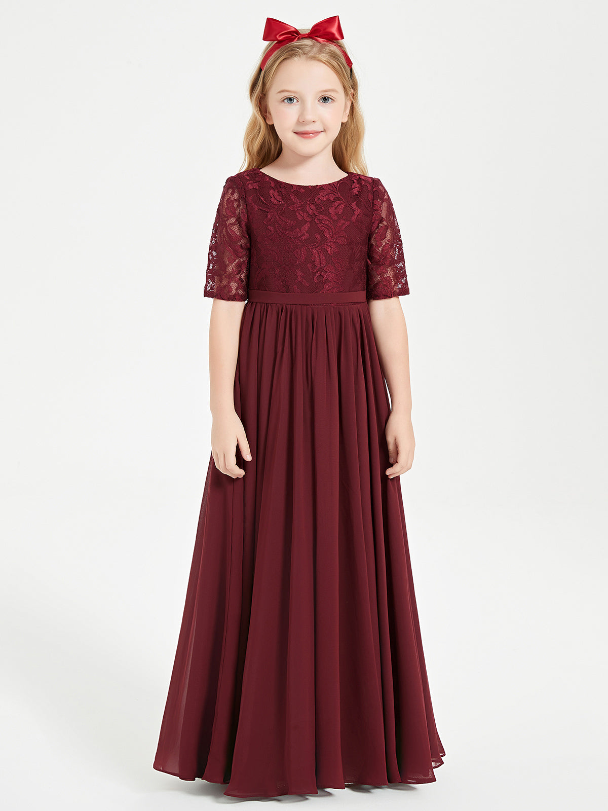Vestido Largo De Dama De Honor Junior Con La Parte Superior De Encaje Y Mangas Medio Largas Mandarina