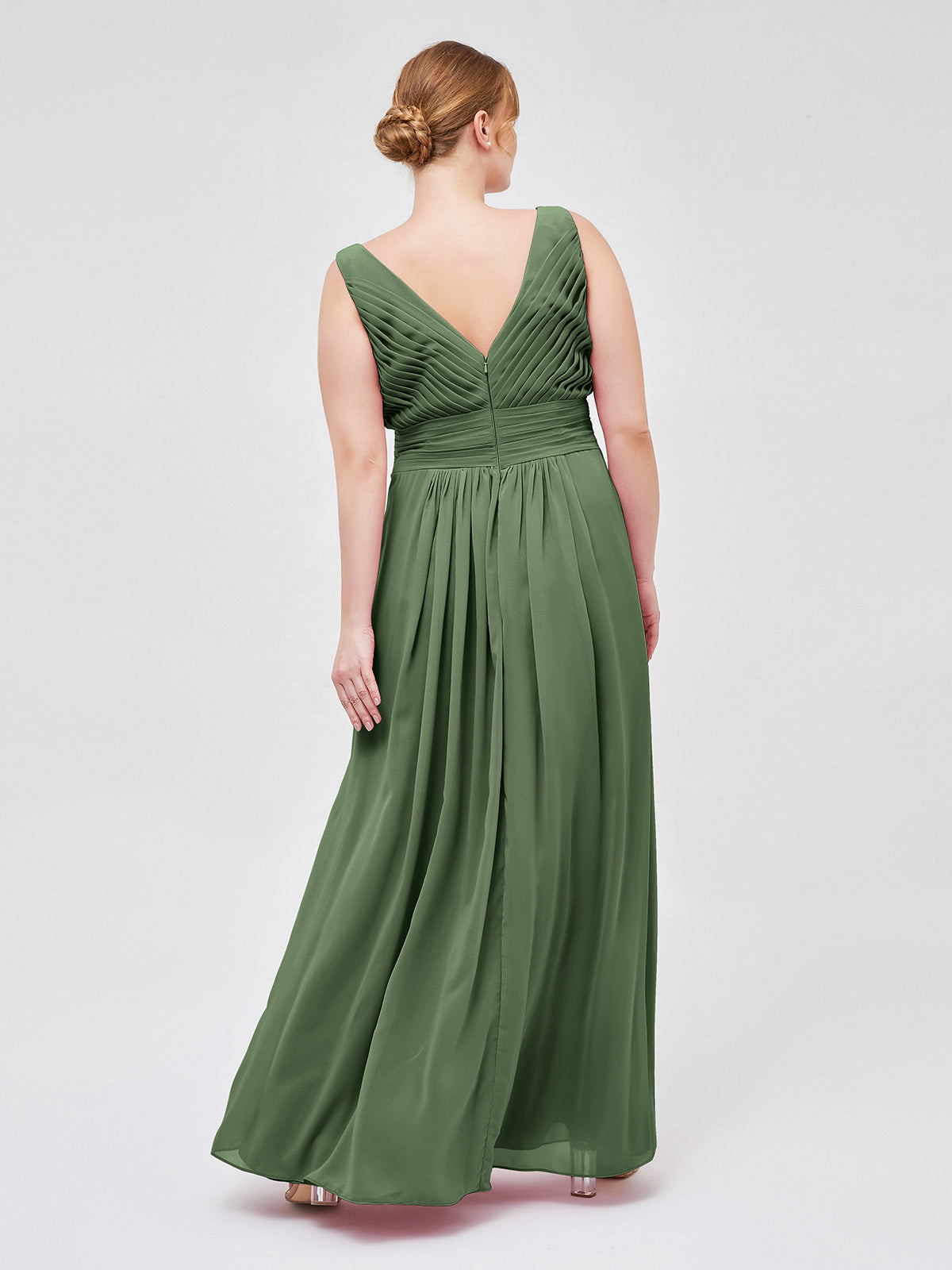 Camille Escote En V Gasa Vestido Hasta El Topillo Con Corpino Plisado Verde Oliva Tallas Grandes