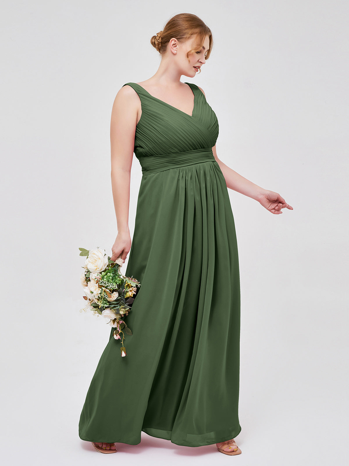 Camille Escote En V Gasa Vestido Hasta El Topillo Con Corpino Plisado Verde Oliva Tallas Grandes