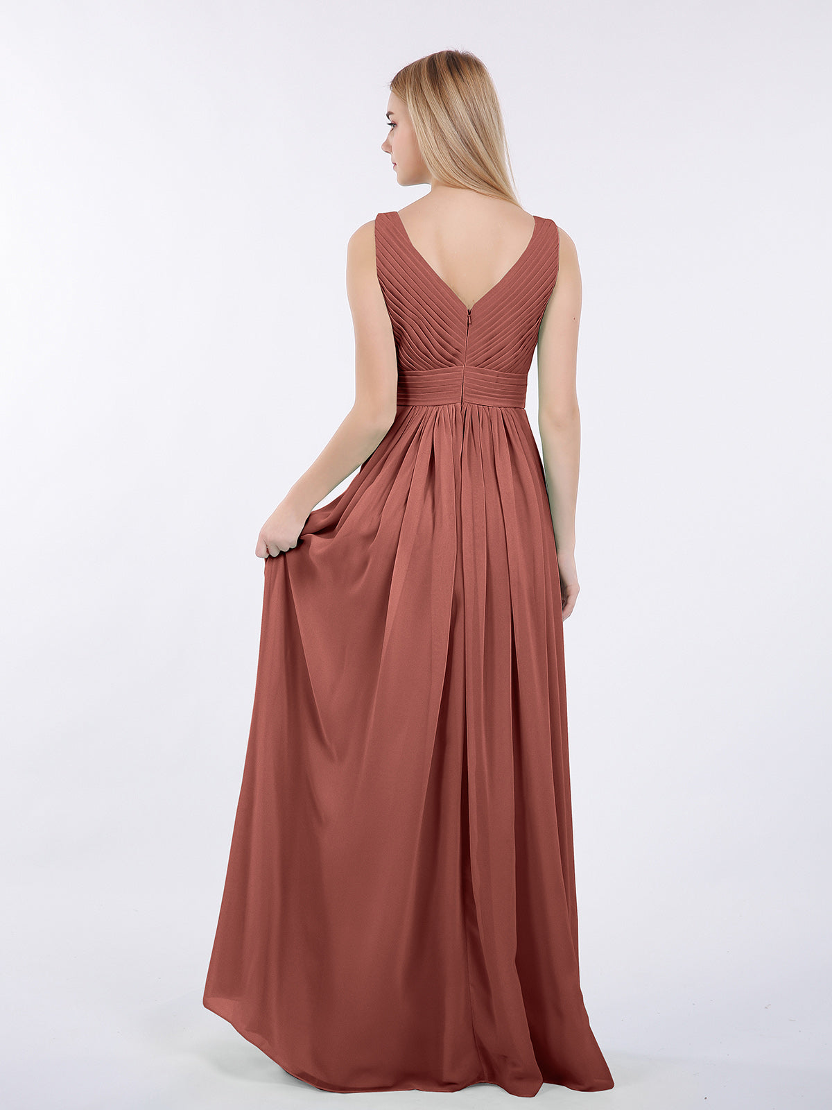 Camille Escote En V Gasa Vestido Hasta El Topillo Con Corpino Plisado Terracota