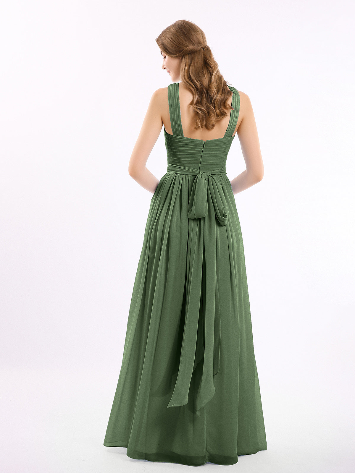 Candance Cruzado Delante Gasa Largo Vestido Con Lazo Verde Oliva