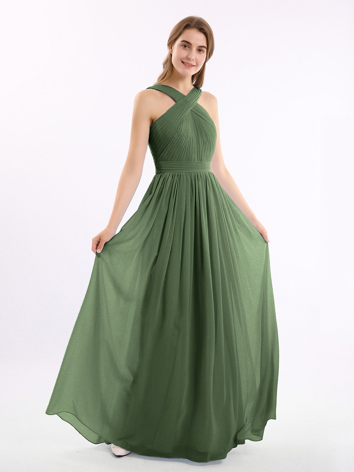 Candance Cruzado Delante Gasa Largo Vestido Con Lazo Verde Oliva