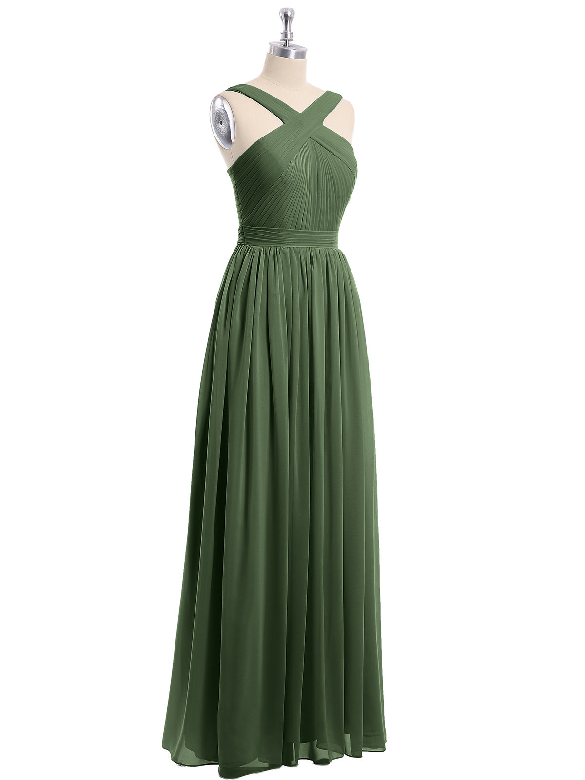 Candance Cruzado Delante Gasa Largo Vestido Con Lazo Verde Oliva