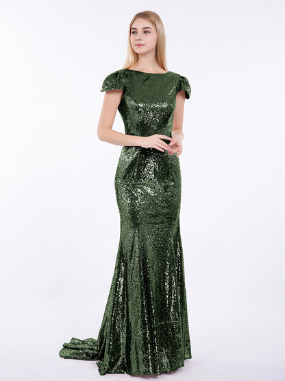 Cara Lentejuelas Sirena Vestido Con Mangas De La Tapa Verde Oliva