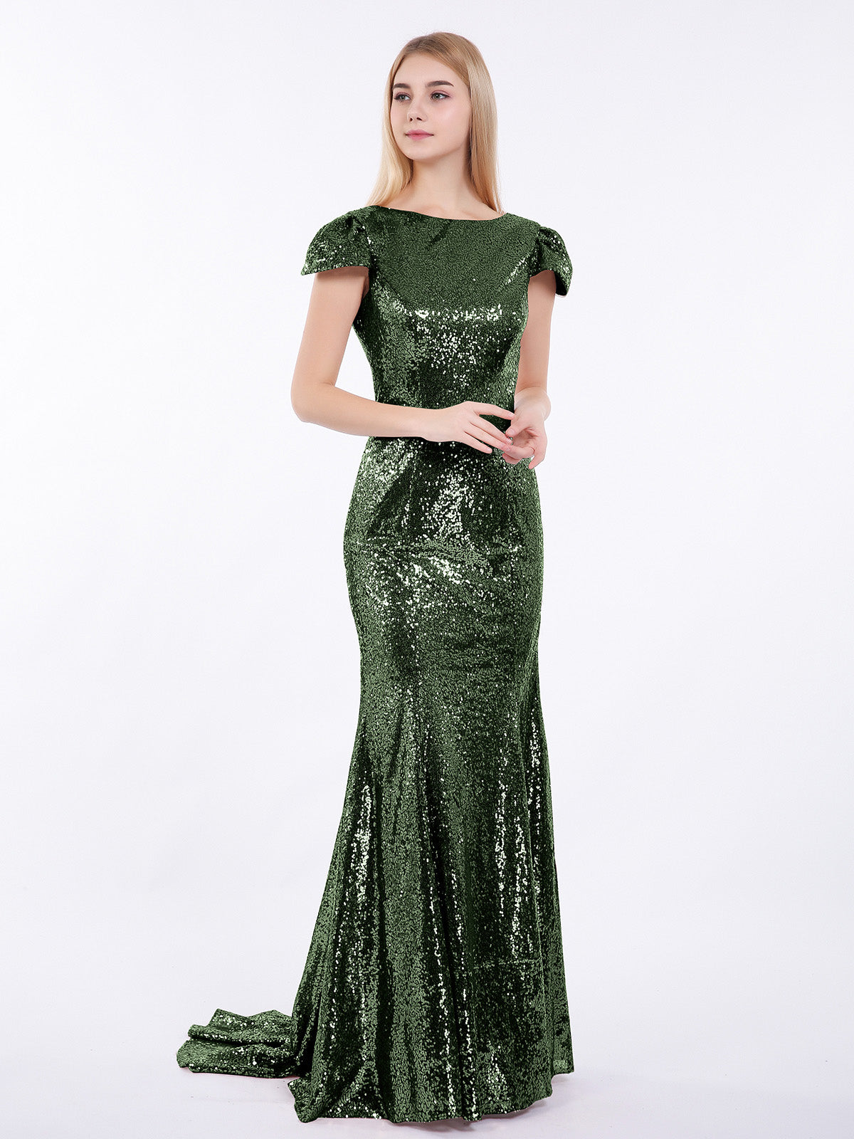 Cara Lentejuelas Sirena Vestido Con Mangas De La Tapa Verde Oliva Tallas Grandes