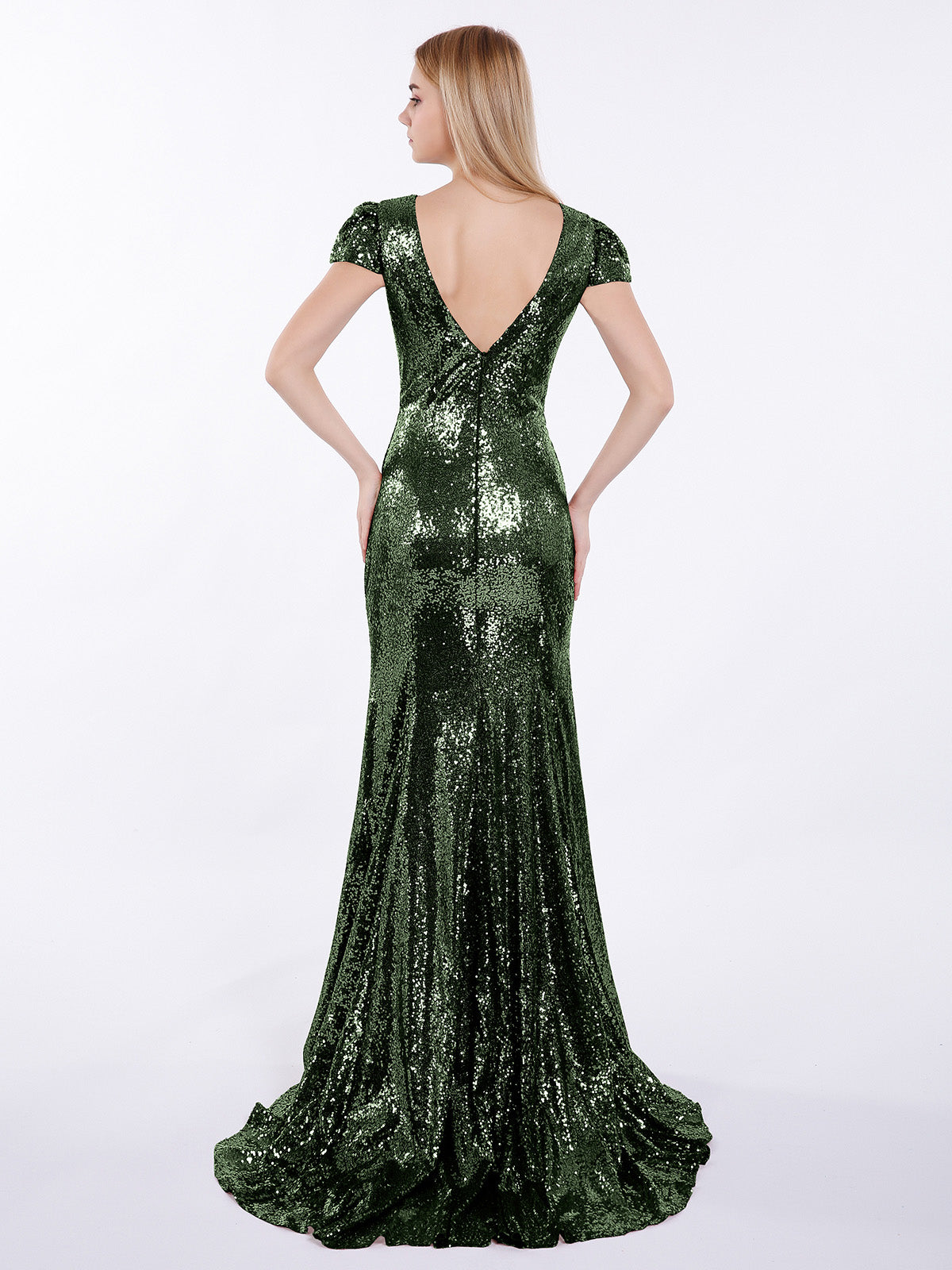 Cara Lentejuelas Sirena Vestido Con Mangas De La Tapa Verde Oliva