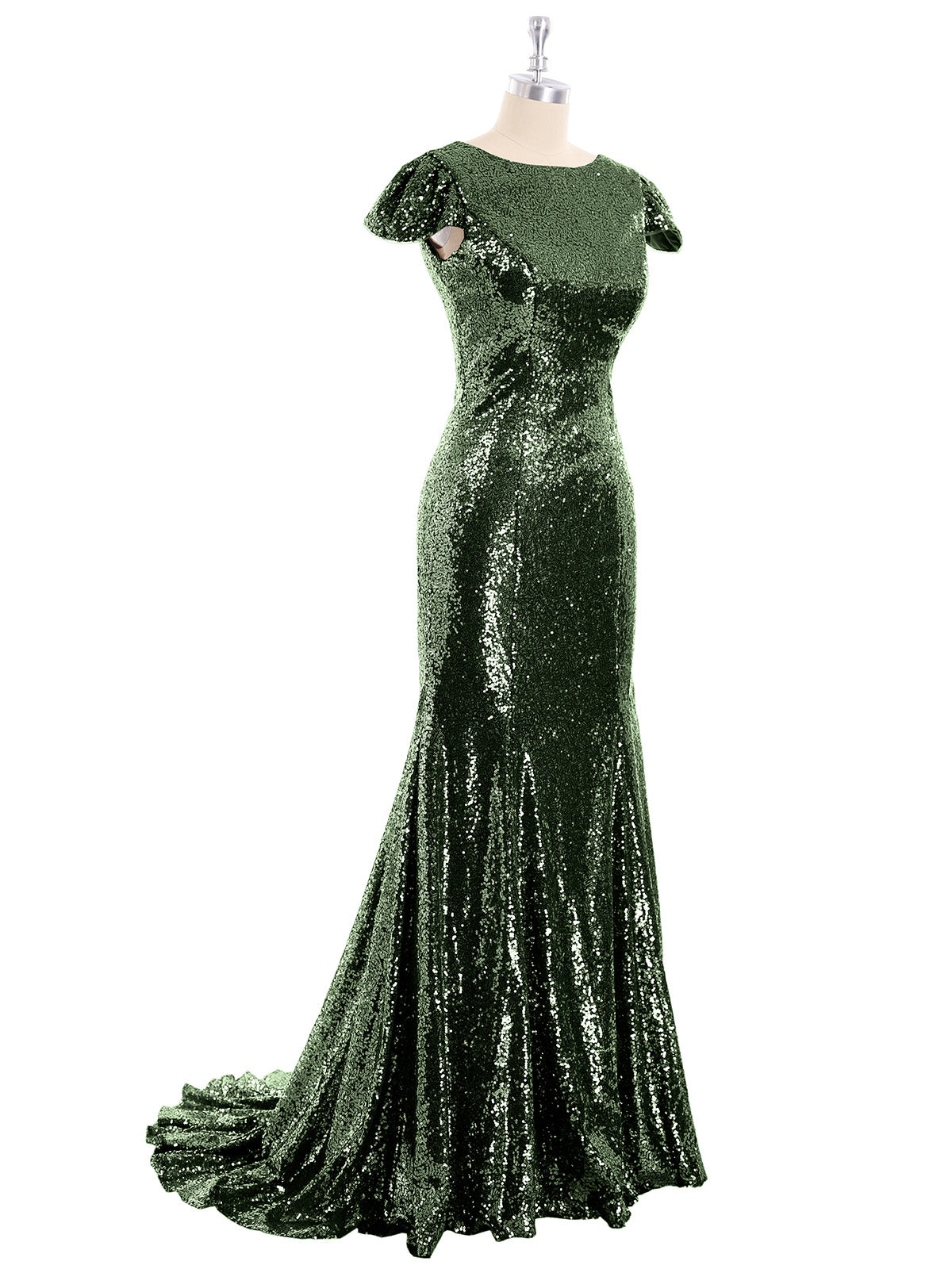 Cara Lentejuelas Sirena Vestido Con Mangas De La Tapa Verde Oliva