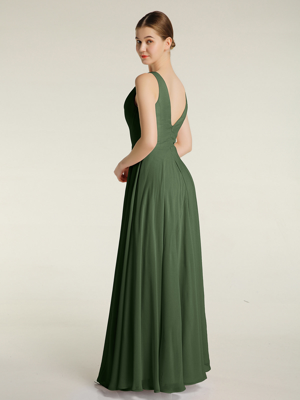 Vestidos sencillos de chiffon con escote en V Verde Oliva Tallas Grandes