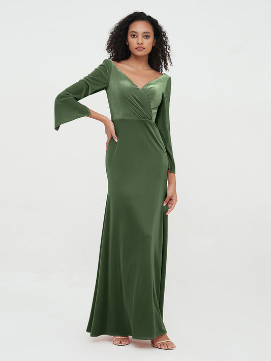 Vestidos máximos de terciopelo con cuello en V y estilo sirena Verde Oliva