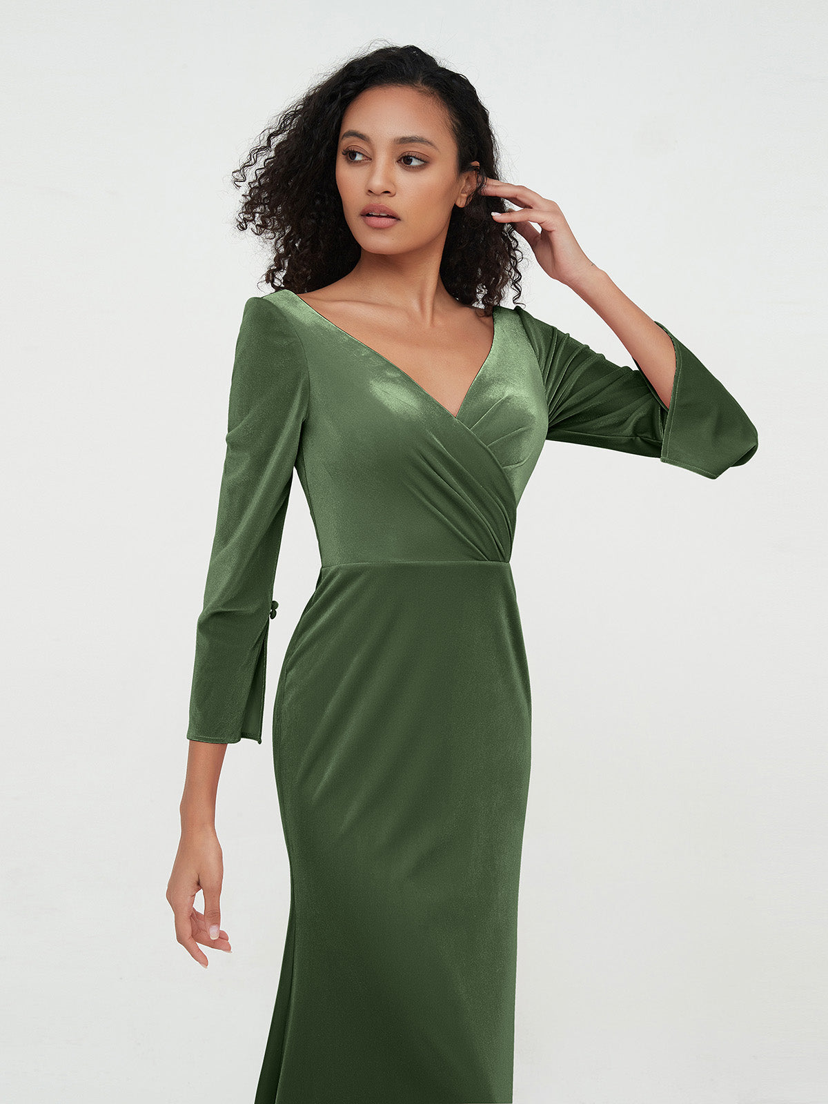 Vestidos máximos de terciopelo con cuello en V y estilo sirena Verde Oliva
