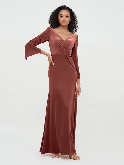 Vestidos máximos de terciopelo con cuello en V y estilo sirena Terracota Tallas Grandes