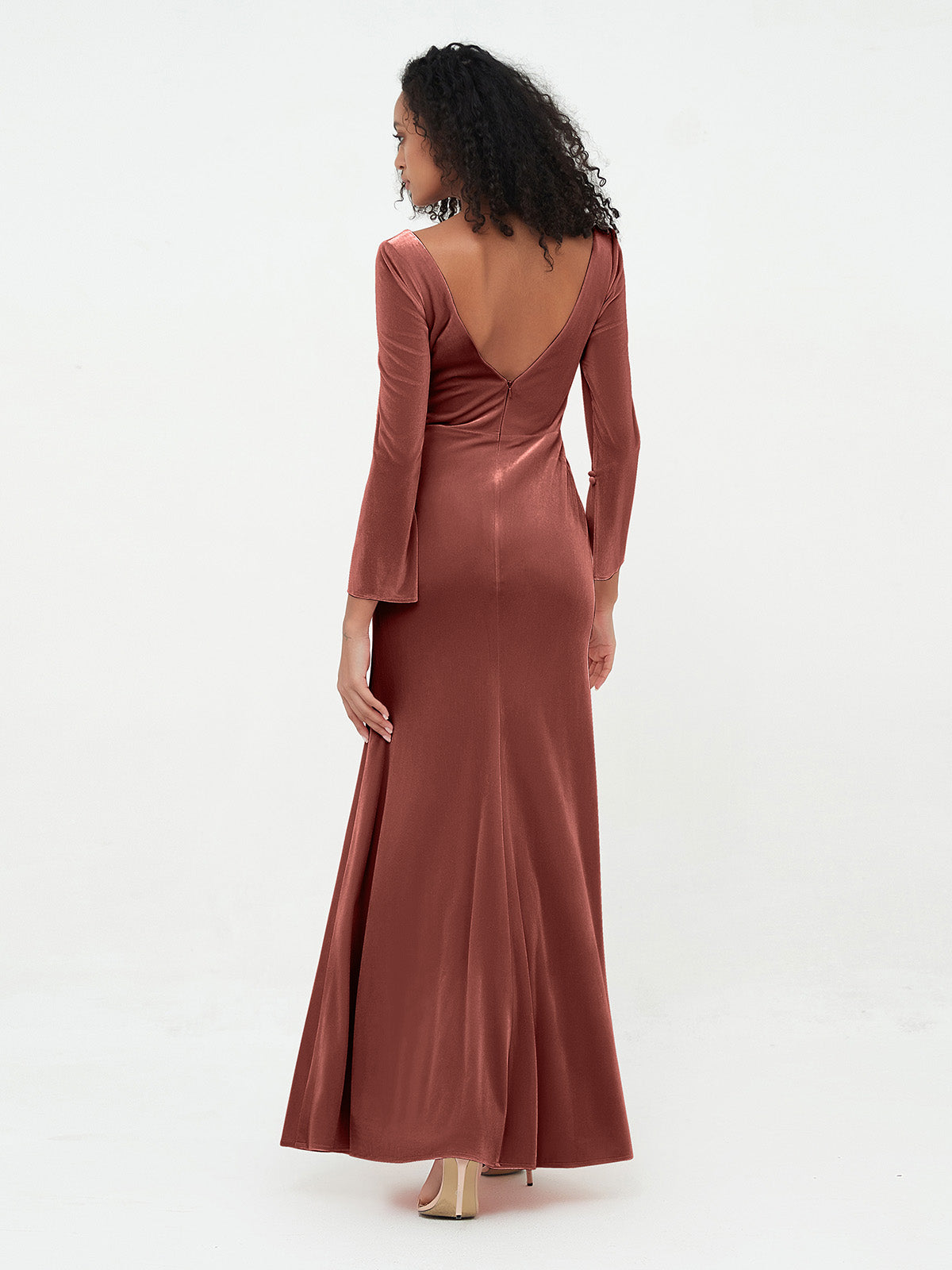 Vestidos máximos de terciopelo con cuello en V y estilo sirena Terracota Tallas Grandes